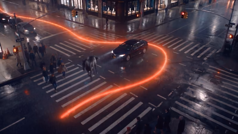 From “Solid Ground”: the learned S-curve over an intersection, seen from above.