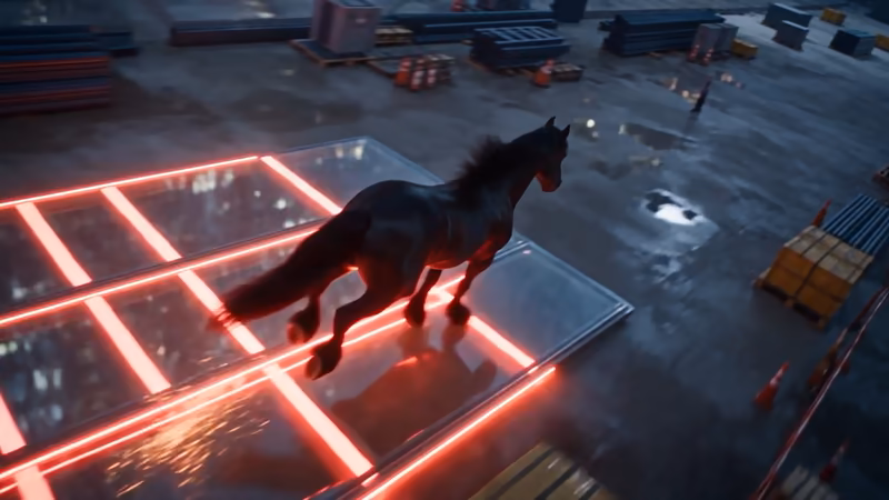 From “The Path”: a glowing glass grid above a construction site at night.