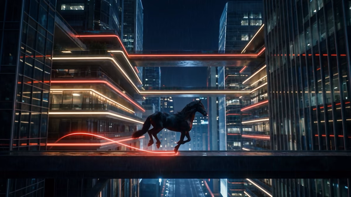 Still from “The Path” for ACS Motion Control: a black horse gallops across a glass bridge between towers at night, a glowing red line in its wake.