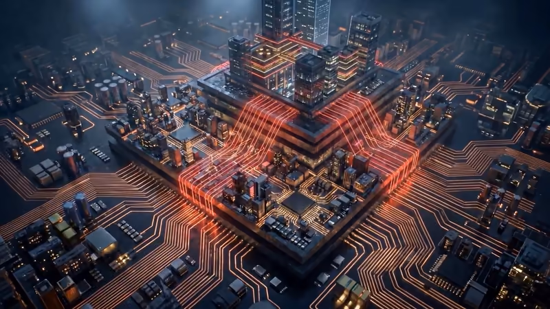 From “The Path”: seen from above, the city turns out to be a chip package with stacked dies.