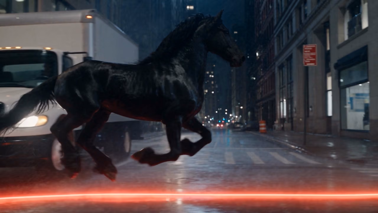Standbild aus „Solid Ground“ für ACS Motion Control: ein schwarzes Pferd auf nasser Straße bei Nacht, davor eine rote Leuchtlinie, KI-generiert.