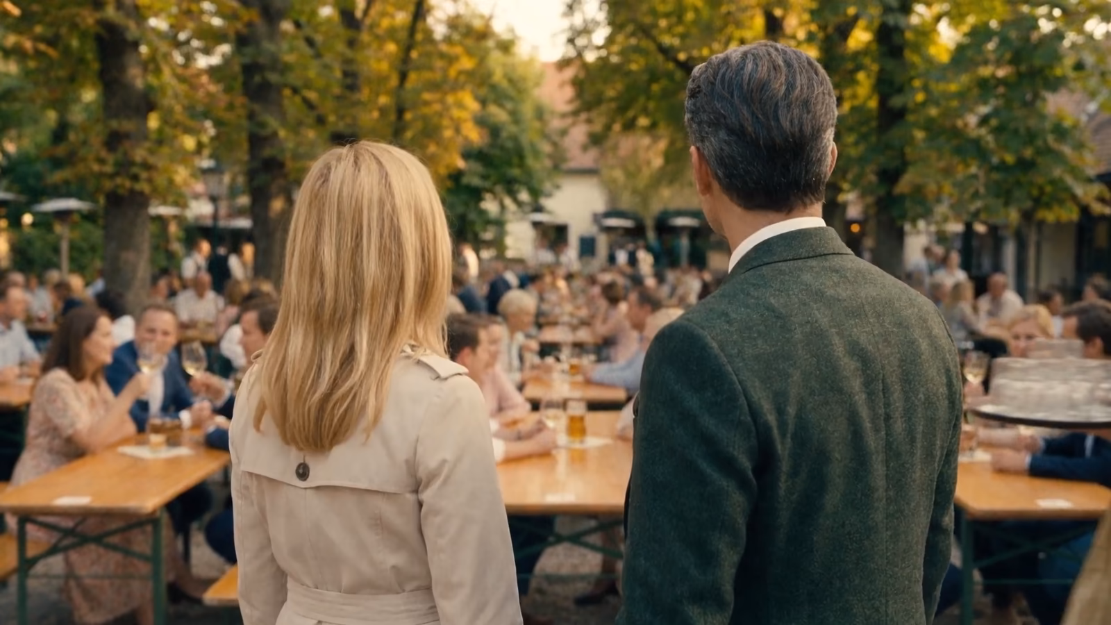 Final AI shot of the same set-up in the Heuriger garden: tables, light and guests as in the style frame, the couple in motion.