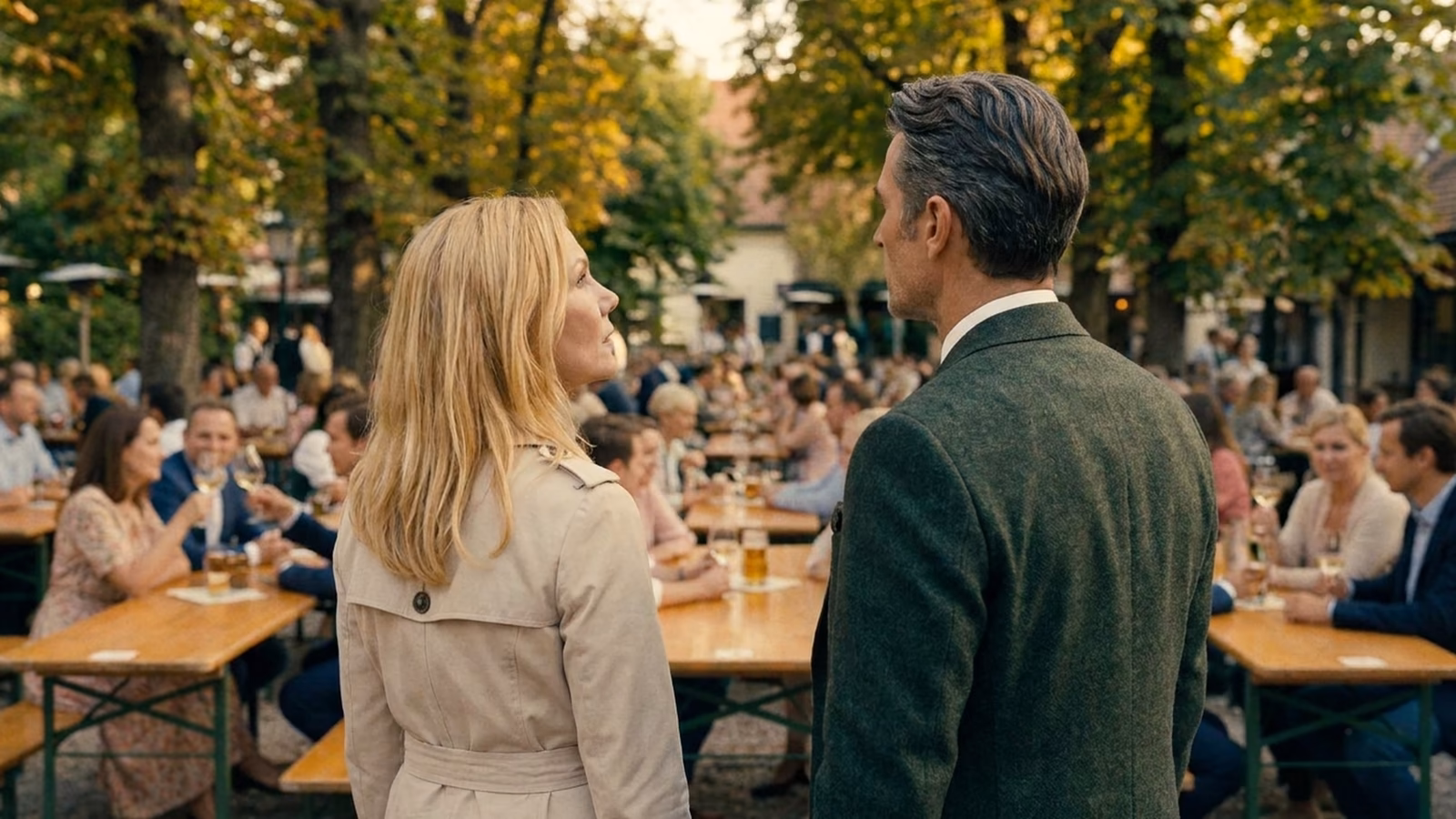 Style frame: a couple standing in front of the full tables of a Heuriger garden.