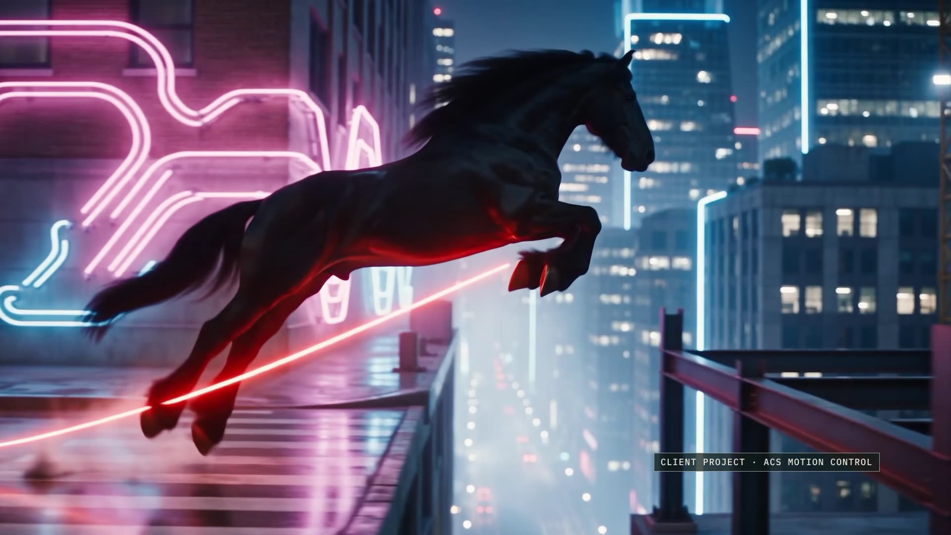 Silent showreel: client projects for ACS Motion Control and the Austrian Klassenlotterie alternating with four concept films (spec, not commissioned) featuring Porch, Pippin, Manner and IKEA; the brands are not clients. Each shot is labelled. First frame from “The Path” for ACS Motion Control: a black horse leaps across a gap between rooftops in front of a neon wall. AI-generated.