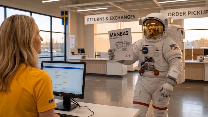 Still from the IKEA concept film (spec, AI-generated): an astronaut holding assembly instructions at a furniture store’s returns desk.