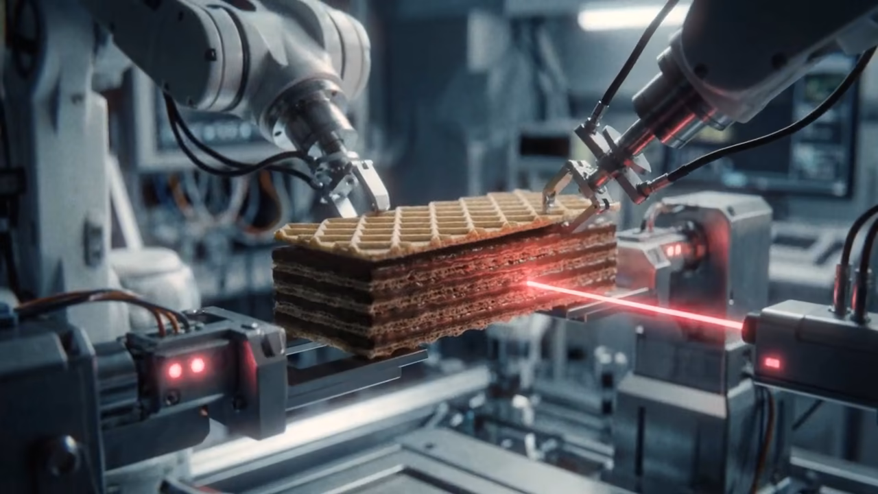 Standbild aus dem Manner Concept Film (Spec, KI-generiert, nicht beauftragt): Ein Roboterarm prüft eine Waffelschnitte mit einem roten Laser.