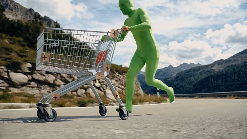 Still from the Porch parody (spec, AI-generated): a figure in a green bodysuit pushes a shopping trolley along an alpine road.